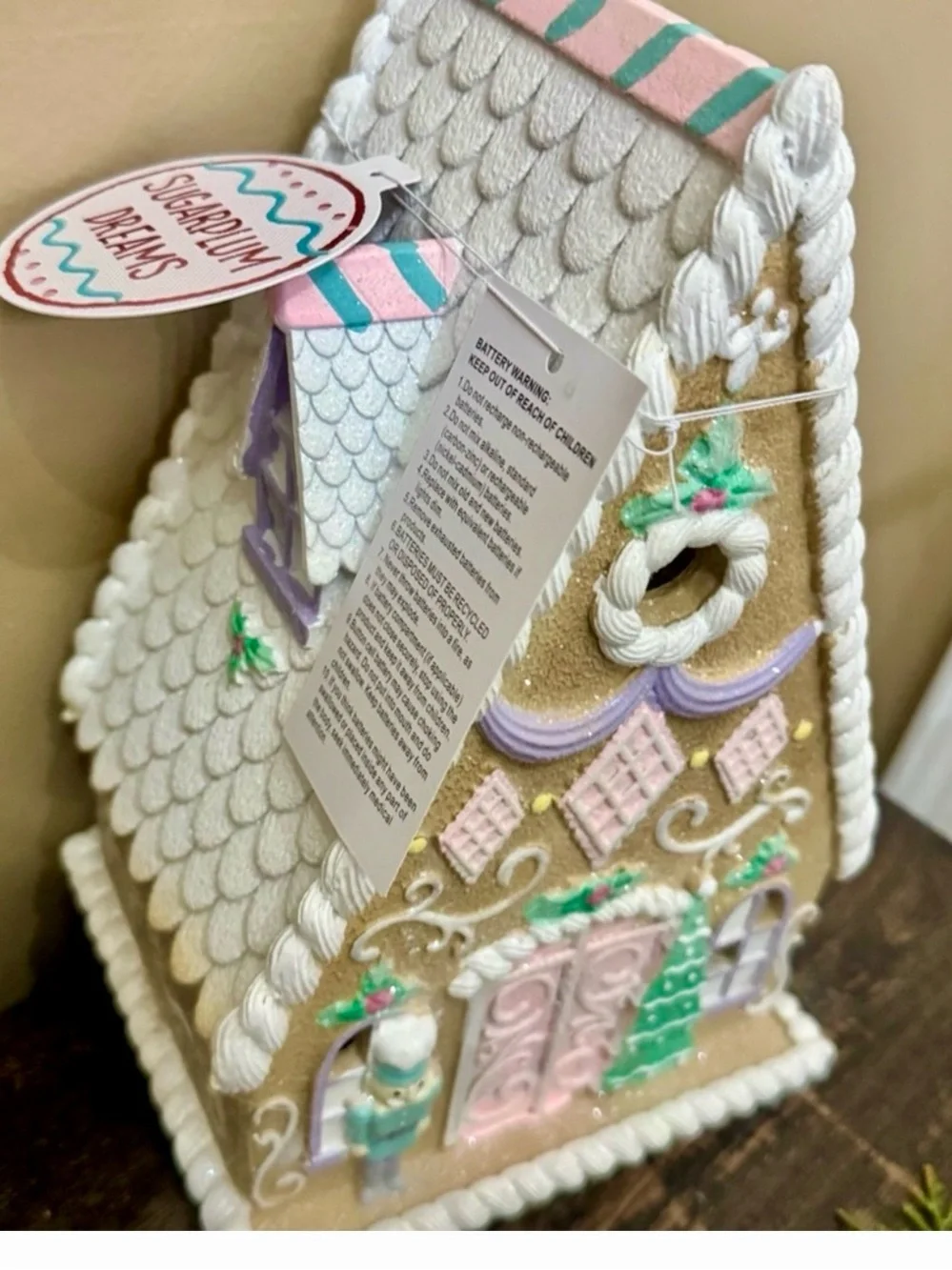 Holiday Pastel Gingerbread Birdhouse - Pink & White Decorative Home Accent